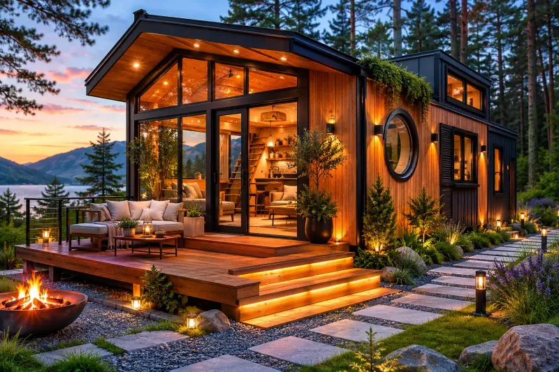 Modell Eco Retreat von 1A Tinyhouse – Außenansicht mit Feuerstelle am Abend