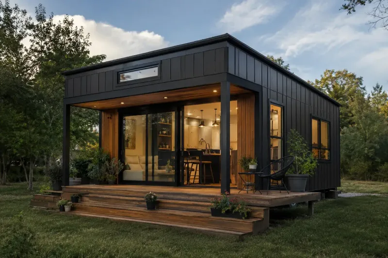 Modell Panorama XL von 1A Tinyhouse – Außenansicht mit Terrasse