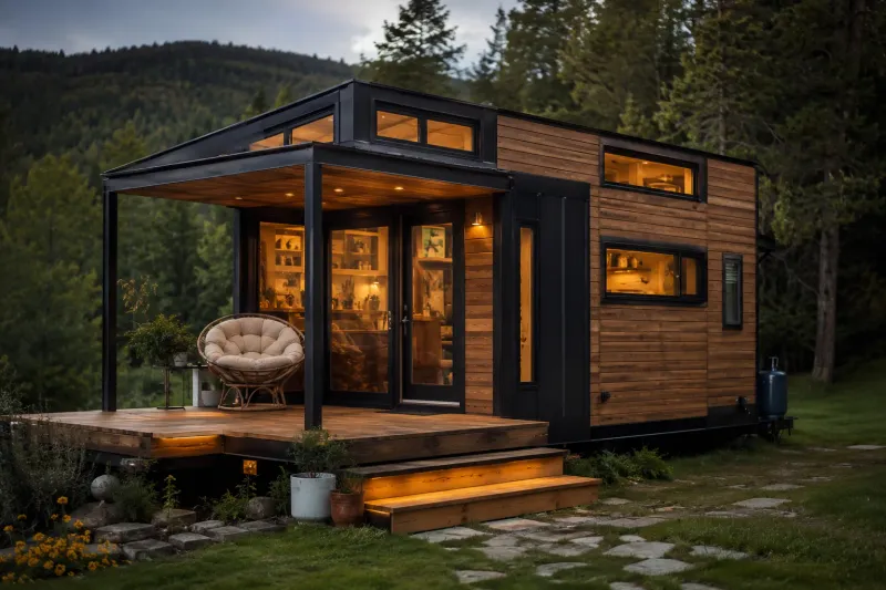 Modell Panorama XL von 1A Tinyhouse – Außenansicht mit Terrasse