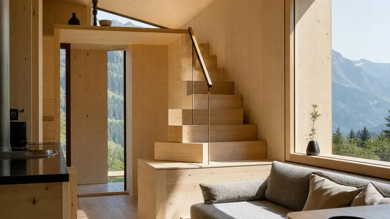 Treppe mit integriertem Stauraum in einem hellen Tiny House aus Fichtenholz