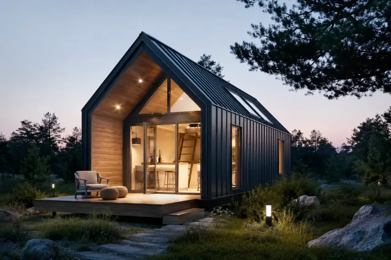 Tiny Haus mit dunkler Stehfalzfassade und beleuchteter Glasfront in der Dämmerung