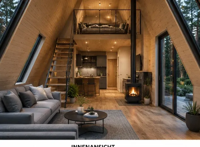 Wohnraum in einem A-Frame mit Schlafloft, Kaminofen und Sofa