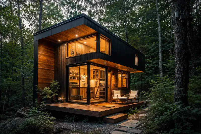 Tiny Haus zur Miete mit beleuchteter Veranda im Wald