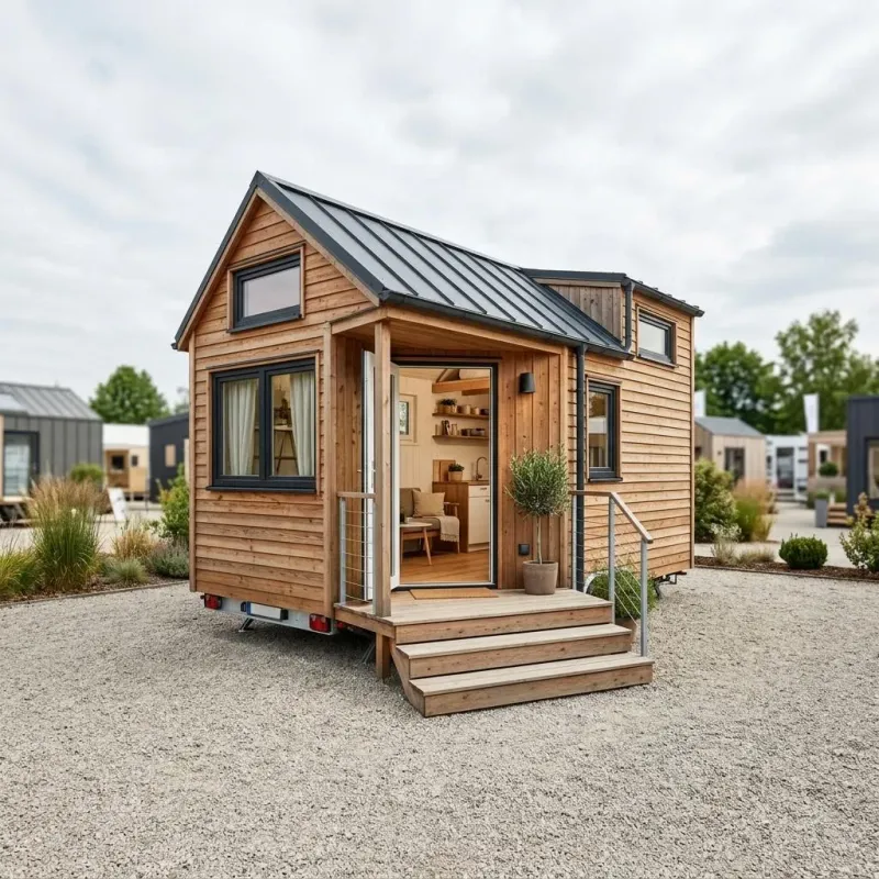 Tiny-House-Musterhaus aus Holz auf einem Ausstellungsgelände mit geöffneter Eingangstür