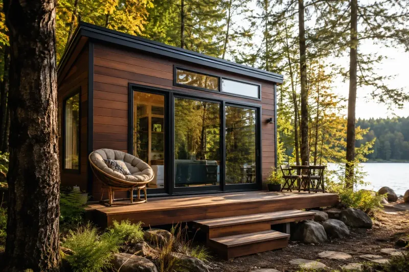 Tiny Haus mit dunkler Fassade und Terrasse am Seeufer zwischen Bäumen