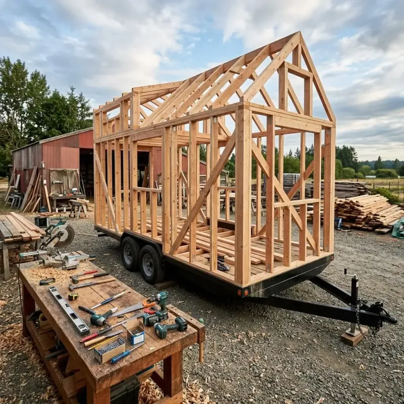 Holzrahmen eines Tiny Houses im Rohbau auf einem Fahrgestell im Freien
