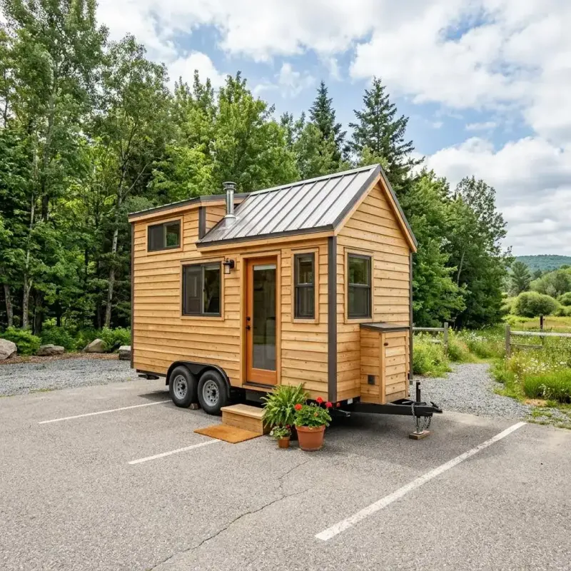 Klassisches Tiny Haus aus Holz auf einem Fahrgestell mit Satteldach
